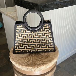 Fun, black/natural purse with round wooden handles - NWT